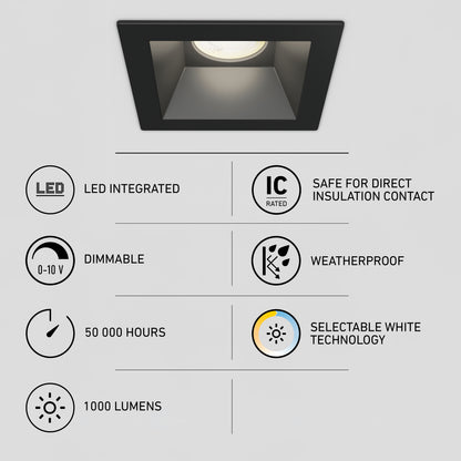 The Skyview 4in Regressed Square, 5CCT LED pot light features integrated LED, dimmable function, 50,000-hour lifespan, 1000 lumens, IC rating, weatherproof design for indoor/outdoor use and adjustable color balance technology.