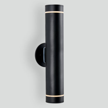 The C7 Pro Outdoor LED Wall Light is a modern black cylindrical sconce with gold accents at the top and bottom, shown mounted vertically on a light gray background.