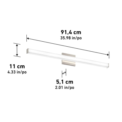 The Mylo LED Vanity Light 36IN is a modern wall-mounted fixture measuring 91.4 cm (35.98 in) wide, 11 cm (4.33 in) tall, and 5.1 cm (2.01 in) deep.