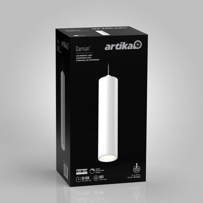 A black box packaging of the Damian LED Cylinder Pendant displays an image of the white cylindrical light fixture along with key details like brightness, wattage, and lifespan on the front.
