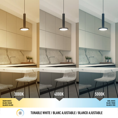 The Romeo 1-Light LED Pendant is shown illuminating a kitchen at three color temperatures: warm white (3000K), neutral white (4000K), and cool white (5000K), illustrating how each setting changes the room’s appearance.