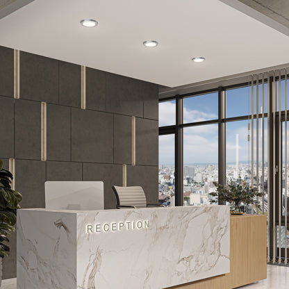 A modern office reception area features a marble RECEPTION desk, a computer, chair, and large windows overlooking a cityscape. The dark textured wall with vertical light accents is illuminated by 5" LED Skylights with 3 colour trim rings.