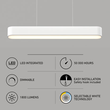 Willow LED Pendant: rectangular white ceiling light, integrated LED, 1800 lumens, dimmable, 50,000-hour lifespan, easy installation with safety hook, and selectable white technology.