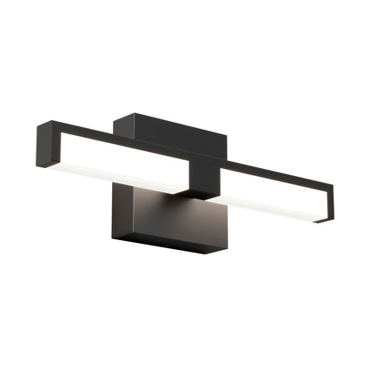 The Tivoli 14'' LED Vanity Light is a modern black wall-mounted fixture with a rectangular base and horizontal bar design, emitting light from both sides.