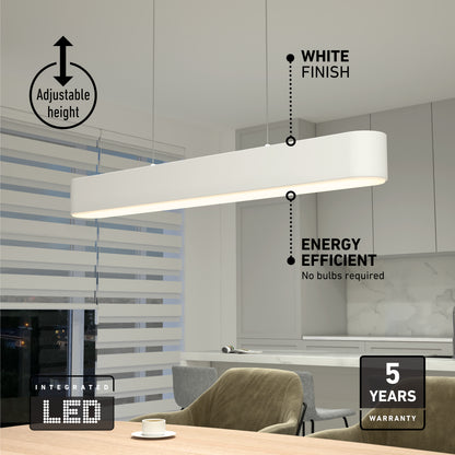 The Willow LED Pendant in modern white hangs above a dining table, featuring adjustable height, energy-efficient integrated LED, sleek white finish, and a 5-year warranty—perfect for contemporary spaces.
