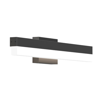 The Mystic LED Vanity Light is a modern, rectangular wall-mounted fixture with a black frame and white diffuser, featuring clean minimalist lines and a sleek, contemporary look for indoor spaces.