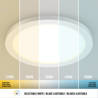 The 12" LED Skylight with 3 colour trim rings displays five white shades, from warm white (2700K) to cool white (5000K), shown in vertical sections with labeled color temperatures and a selectable white feature at the bottom.