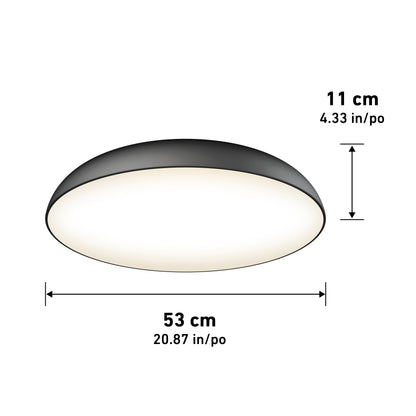 The Flint LED Flush Mount is a round ceiling fixture with a black edge, measuring 53 cm (20.87 in) in diameter and 11 cm (4.33 in) in height, emitting a soft, even glow.