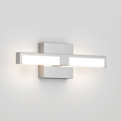 The Tivoli 14'' LED Vanity Light is a modern wall-mounted fixture with two horizontal illuminated bars crossing a central square base, all in a sleek white finish, perfect for contemporary spaces.