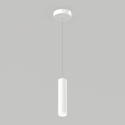 The Damian LED Cylinder Pendant features a modern, minimalist design with a cylindrical white shade hanging from a thin cord against a light gray background.