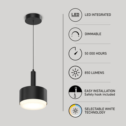 The Fritz Mini LED Pendant hangs from the ceiling. Icons and text highlight its features: dimmable LED, tunable colour temperature, 50,000-hour lifespan, 850 lumens, easy installation, and selectable white technology.