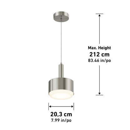 The Fritz Mini LED Pendant features a brushed metal finish, tunable colour temperature, and dimmable light. It hangs from a ceiling mount with a max height of 212 cm (83.46 in) and a diameter of 20.3 cm (7.99 in).