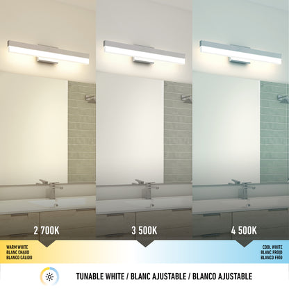 The Mystic LED Vanity Light offers three tones—warm white (2700K), neutral white (3500K), and cool white (4500K)—with color temperatures shifting from yellowish to bluish across the fixture.