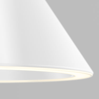 Close-up of the Denali LED Pendant 3CCT featuring a modern white lampshade with a smooth finish, illuminated against a plain light gray background.
