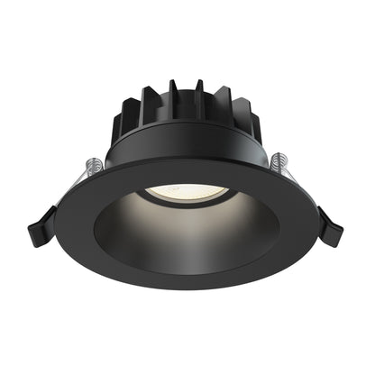 The Skyview 4in Regressed Round, 5CCT LED is a black recessed pot light with round trim, heat sink fins on top, and two metal spring clips. It offers adjustable color balance for customizable recessed lighting in any space.