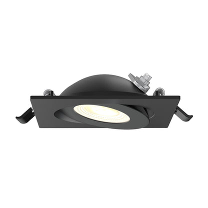 The Skyview 4in Gimbal Square, 5CCT LED is a black, square recessed light with an adjustable dome-shaped housing and dual mounting clips, perfect for flexible indoor or outdoor LED ceiling lighting. Shown against a white background.