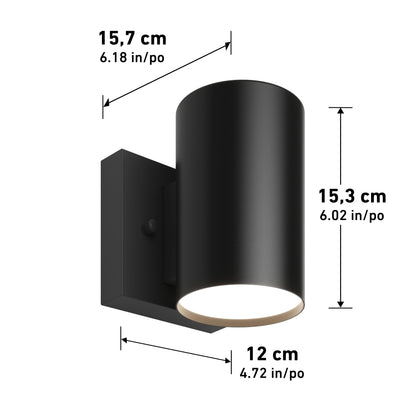 The Walton Indoor/Outdoor LED Wall Light is a black cylindrical fixture measuring 15.7 cm (6.18 in) tall, with a 15.3 cm (6.02 in) cylinder height and extends 12 cm (4.72 in) from the wall.