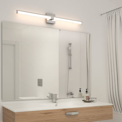 Modern bathroom with a large mirror above a wooden vanity, a single-handle faucet, soap and lotion dispensers, a wall-mounted showerhead reflected in the mirror, and the Tivoli 36'' LED Vanity Light mounted above.