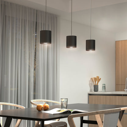 The room features the Beam Pro 6 Integrated LED 2-IN-1 Ceiling Mount Pendant in black above a dining table.