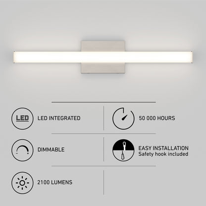 The Mylo LED Vanity Light 24IN is a wall-mounted fixture with a rectangular base and horizontal bar, offering 2100 lumens, integrated LED (50,000 hours), dimmable function, easy installation with safety hook.