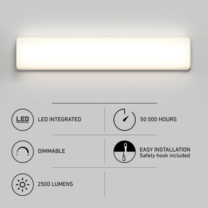 The Aster 27in Energy Star LED Vanity Light glows above four icons: integrated LED, 50,000-hour lifespan, dimmable, easy-install safety hook, and 2500 lumens brightness—all set on a light gray background.