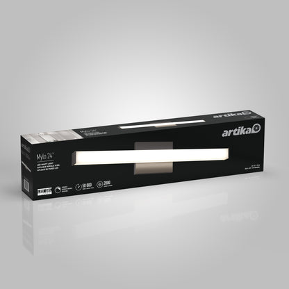 A rectangular black box displays the “Mylo LED Vanity Light 24IN,” featuring a lit LED. Packaging highlights a 24-inch length, 30,000-hour lifespan, and 2000 lumens.