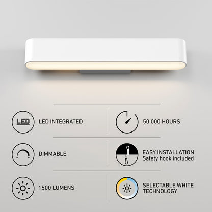 The Willow LED Vanity 3CCT Light is shown above icons and text highlighting its features: adjustable color temperature, 50,000-hour lifespan, dimmable, easy installation, 1500 lumens brightness, and selectable white technology.