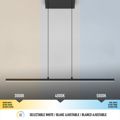 The Delta LED Linear Pendant 36IN hangs from the ceiling, featuring three color temperatures—warm white (3000K), neutral white (4000K), and cool white (5000K)—highlighted by matching colored backgrounds and labels.