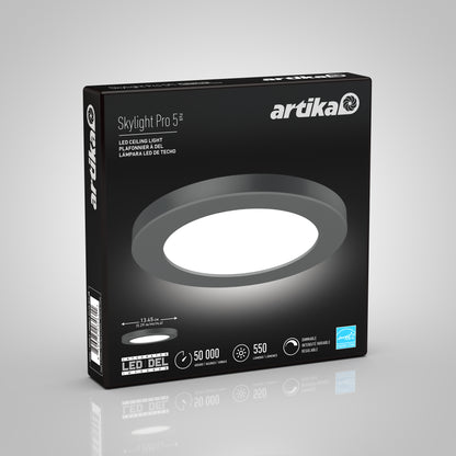 A black box of the Skylight Pro 5 3K LED Flat Panel Light is shown, featuring an image of the round light, plus icons for brightness, lifespan, and energy efficiency on a gray background.