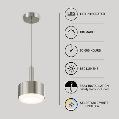 The Fritz Mini LED Pendant features a silver housing, round white diffuser, 850 lumens, tunable color temperature, dimmable LED tech, selectable white technology, 50,000-hour lifespan, and easy installation.