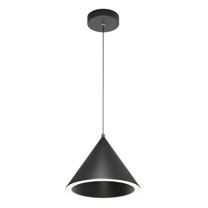 The Denali LED Pendant 3CCT is a modern black pendant light with a cone-shaped shade suspended from a slim cord and round ceiling mount. Its illuminated inner edge creates a soft, ambient glow.