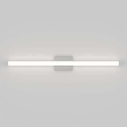 The Mylo LED Vanity Light 36IN, a modern minimalist wall-mounted fixture with a long horizontal bar, emits bright white light and is centered on a plain light gray wall.