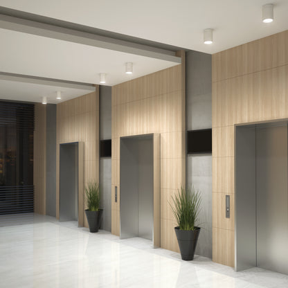 A room featuring the Beam Pro 6 Integrated LED 2-IN-1 Ceiling Mount Pendant, with elevators and plants.