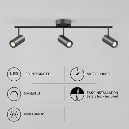 The Alpha LED Track 3-Light is a black ceiling-mounted fixture with three adjustable spotlights. Icons show: integrated LED, 50,000-hour lifespan, dimmable, easy safety hook installation, and 1,000 lumens brightness.