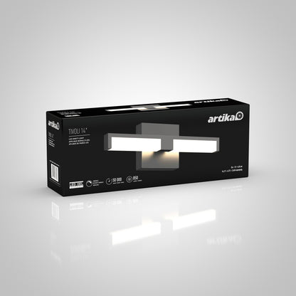A Tivoli 14'' LED Vanity Light in a black box with white text.