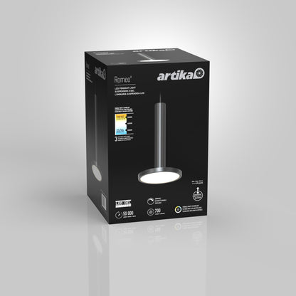 A black rectangular Artika box showcases the Romeo 1-Light LED Pendant with its image, energy ratings, specifications, and icons highlighting features like brightness and long lifespan.