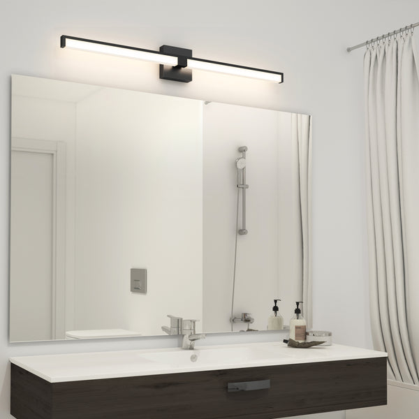 A modern bathroom features the Tivoli 36'' LED Vanity Light in black above a large mirror, paired with a dark wood vanity, white countertop, soap dispensers, tray on the counter, and white curtains to the side.