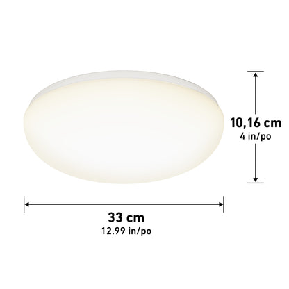 The Knox LED 13In Energy Star Flush Mount is a round, white ceiling light fixture measuring 33 cm (13 in) in diameter and 10.16 cm (4 in) in height.