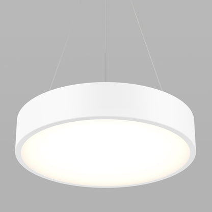 The Concerto LED Pendant, a modern circular white fixture, hangs from the ceiling by three slim wires and shines brightly against a plain light gray background.