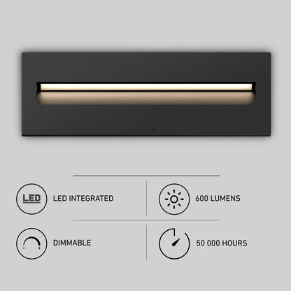 Dark Sky Step Light Pro- Black 12in shown on a grey background, with icons and text below for LED integrated, 600 lumens, dimmable function, and a 50,000-hour lifespan.