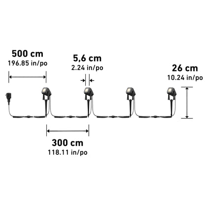 Diagram showing four Verner - Plug-in Landscape Single CCT LED 4-pack outdoor lights in a row: 500 cm from plug to first light, 300 cm between each, each light measures 5.6 cm wide and 26 cm tall.