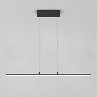 The Delta LED Linear Pendant 36IN features a modern black design with two cords suspending it from a rectangular ceiling mount, shown against a plain light gray background.