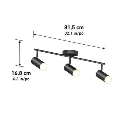 The 32" Blake 3L tracklight features three adjustable cylindrical LED heads, perfect for accent or task lighting. It measures 81.5 cm (32.1 in) wide and 16.8 cm (6.6 in) tall, with clearly labeled dimensions by arrows.