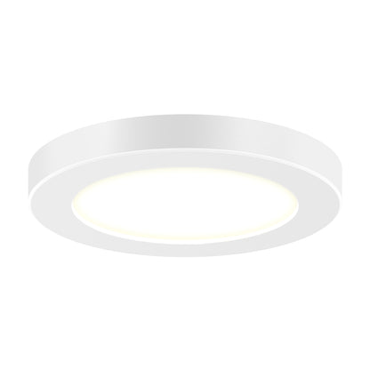 The 5" LED Skylight features a round, white, modern flat design with a glowing circular center and includes three colour trim rings, shown against a plain white background.