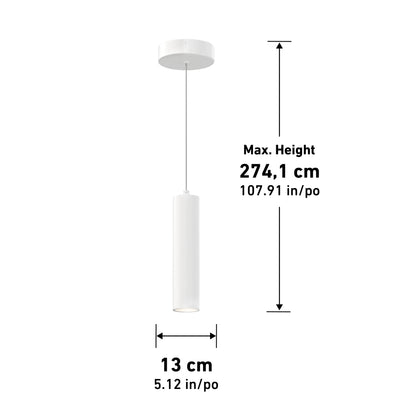 The Damian LED Cylinder Pendant is a white cylindrical light with a max height of 274.1 cm (107.91 in) and a diameter of 13 cm (5.12 in), shown with labeled measurements.