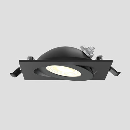 The Skyview 4in Gimbal Square, 5CCT LED is a black, adjustable LED light with square trim and visible mounting clips, JA8-2022 compliant, shown against a plain light gray background.