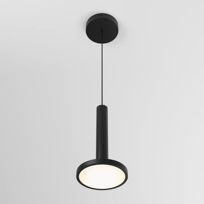 The Romeo 1-Light LED Pendant features a modern black cylindrical body with a circular white glow, suspended from the ceiling by a black cord against a plain white background.