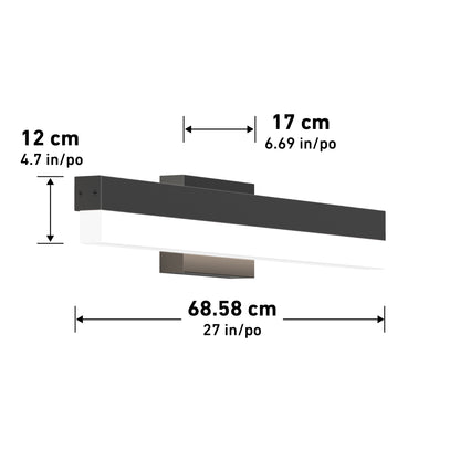 Mystic LED Vanity Light is a rectangular wall-mounted fixture with a black and white finish, measuring 12 cm high, 17 cm deep, and 68.58 cm wide.
