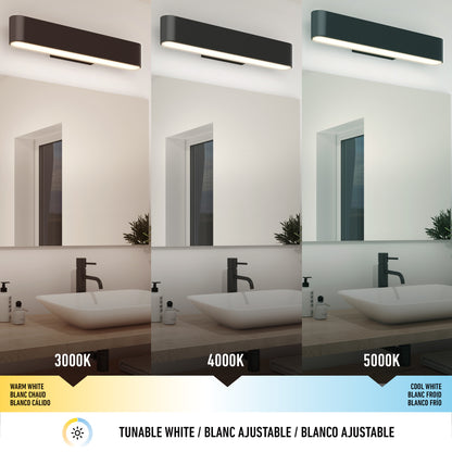 The Willow LED Vanity 3CCT Light displays a bathroom under three lighting temperatures: 3000K warm white, 4000K neutral white, and 5000K cool white, adjusting the color tone of the walls, sink, and mirror.