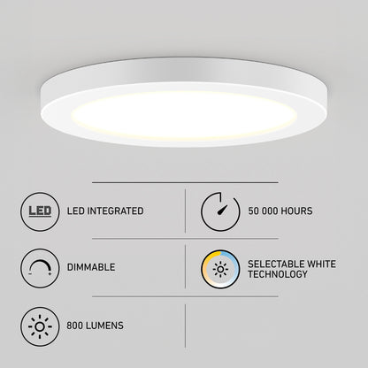 The 7" LED Skylight with 3 colour trim rings features adjustable white light, is dimmable, offers a 50,000-hour lifespan, delivers 800 lumens, includes integrated LEDs and selectable white technology.
